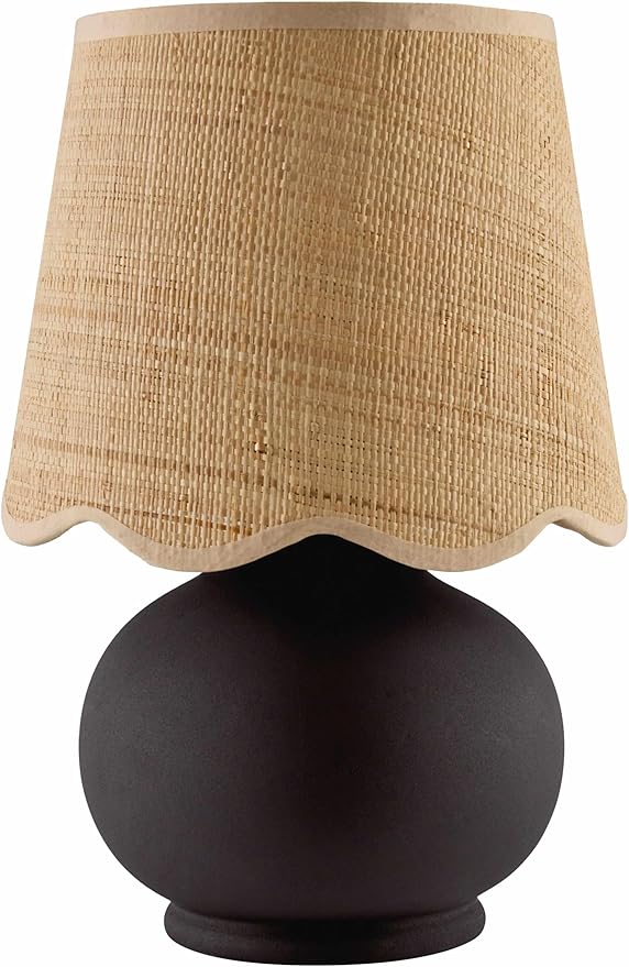 BoutiqueRugs Navarro Boho Ceramic Bedside Table Lamp for Bedroom Nightstand and Living Room - Shade Rattan - Black, Beige - 13" H