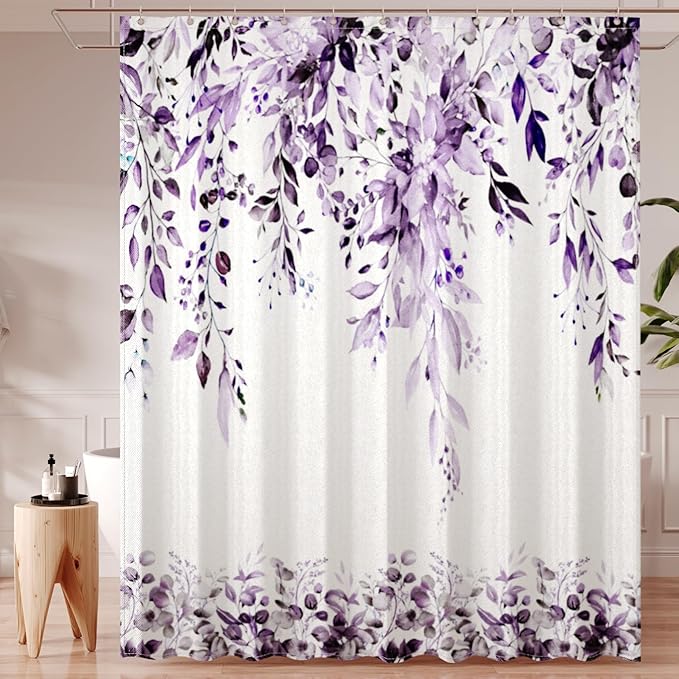 Purple Eucalyptus Leaves Shower Curtain for Bathroom:Aesthetic Art Watercolor Plant Shower Curtains Sets with Hooks,Waterproof Fabric Decor 36x72 inches.