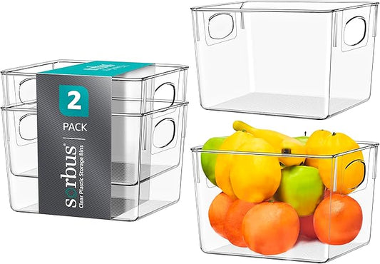 Sorbus Medium Clear Plastic Storage Bins for Shelves, Clothes, with Handle - Clear Storage Bins, Drawer, Shelf, Closet, Pantry, Fridge, Freezer Organizer Bins, Closet Organizers and Storage (2 pack)