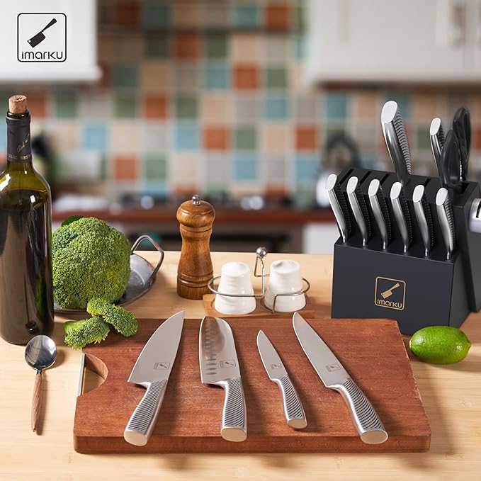Knife Block Set, 15Pcs High Carbon Stainless Steel Knife Set with Block, Kitchen Knife Set Black, Dishwasher Safe, Build-in Sharpener