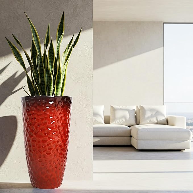 Worth Garden 14" Dia x 24" H Large Plastic Planters with Drainage Hole, Set of 2 Hammered Texture Red Glossy Smooth Finish, Tall Taper Round Decorative Flower Plant Pot for Indoor Outdoor, Front Porch