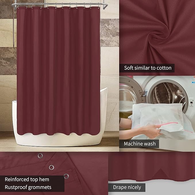ALYVIA SPRING Burgundy Red Fabric Shower Curtain Liner Waterproof - Soft Hotel Quality Cloth Shower Liner with 3 Magnets, Light-Weight & Machine Washable - Standard Size 72x72, Burgundy