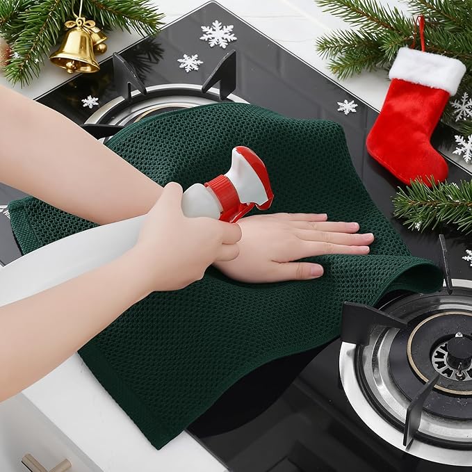 Homaxy 100% Cotton Waffle Weave Kitchen Dish Towels, Ultra Soft Absorbent Quick Drying Cleaning Towel, 13 x 28 Inches, 8-Pack, Blackish Green