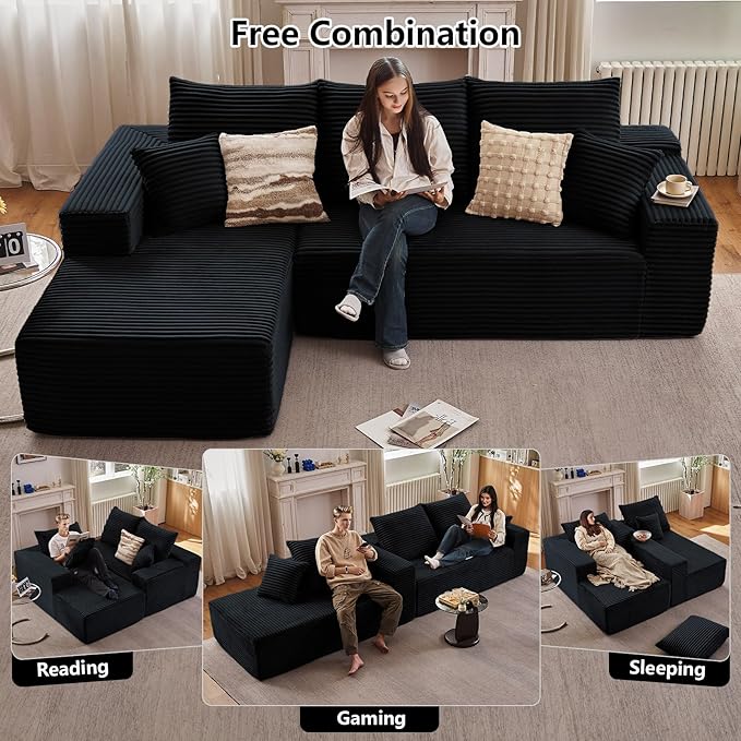 107" Modular Sectional Couches for Living Room, Comfy Boneless L Shaped Cloud Couch with Chaise Lounge, Modern Cozy Corduroy Deep Seat Floor Sofa, Memory Foam, No Assembly Required, Black
