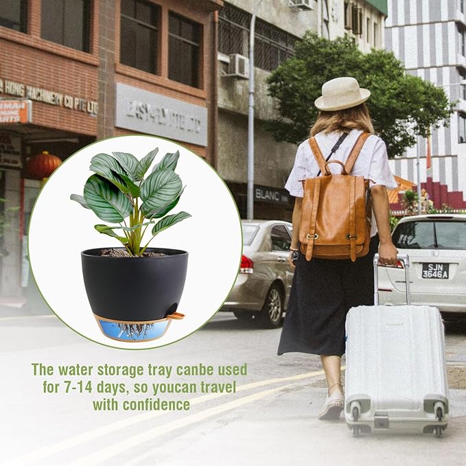 10 inch Self Watering Pots, 2 Pack Plastic Planters with Mesh Drainage Holes for Garden Plants and Flower, Plants Pots with Deep Reservoir for Indoor Outdoor Plants, Black with Brown