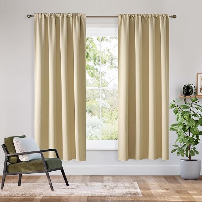 RYB HOME Bedroom Blackout Curtains 63 inches Long, 100% Blackout Thermal Insulated Noise Reducing Curtains for Living Room Nursury, 42 inches Wide by 63 inches Long, Biscotti Beige