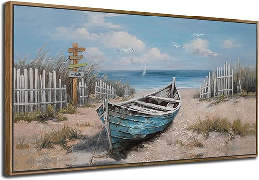 Ardemy Framed Canvas Wall Art Extra Large Boat Bedroom Pictures Wall Decor Living Room, Beach Seascape Paintings Wall Decor Textured Artwork for Kitchen Dining Room Home Office, 40"x20"