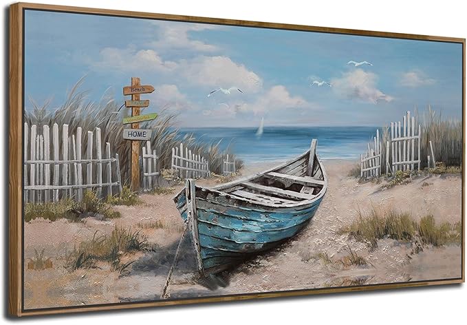 Ardemy Framed Canvas Wall Art Extra Large Boat Bedroom Pictures Wall Decor Living Room, Beach Seascape Paintings Wall Decor Textured Artwork for Kitchen Dining Room Home Office, 48"x24"