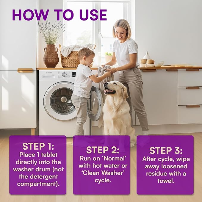 Washing Machine Cleaner Tablets 24 Pack for HE Front Load, Top Load Washing Machine Cleaning Tablets Descaler and Deodorizer, Formulated for Pet Owners, 1 Year Supply Laundry Washer Cleaner