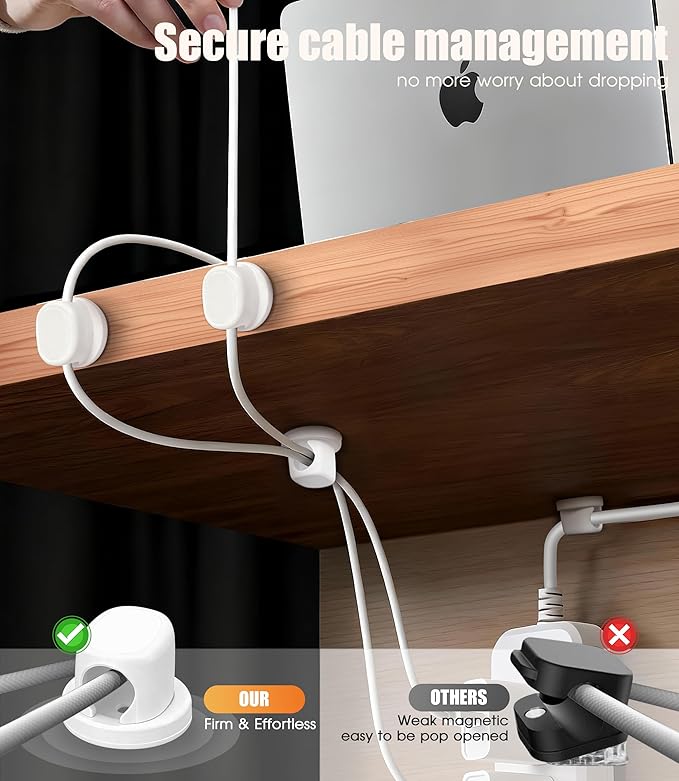 8 Pack Cord Organizer, Ω-Shaped Rotatable Cable Clips, Strong Adhesive Cable Management with Nails, Cord Holder for Nightstand, Desk, and Wall (White)