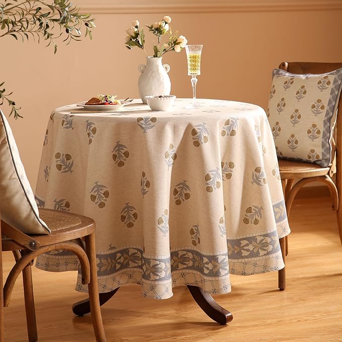 patdrea Designer Vintage Small Beige Tablecloth for Round Table,Linen Yellow Floral Pattern Tablecloths,Cover Cloth Decor for Kitchen Dining Christmas,Thanksgiving,Diameter 55"-Istana a