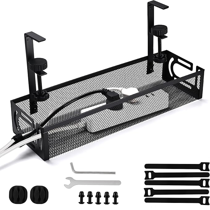 Under Desk Cable Management Tray Small – Clamp-Mounted Wire Organizer & Cord Management Under Desk Rack, No-Drill Metal Cable Organizer for Home Office (Black)