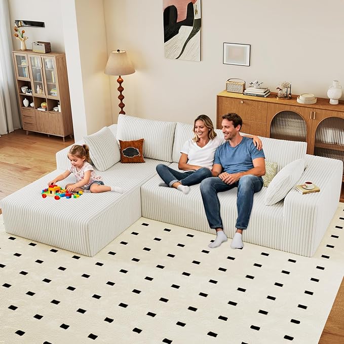 96" Modular Sectional Couch, Boneless L Shaped Cloud Sofa with Chaise Lounge, Corduroy Upholstered Couches Memory Foam Deep Seat, No Assembly Required, Ideal for Living Room(White, Left Facing)