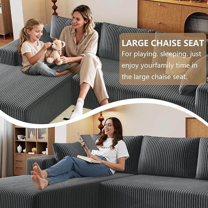 96" Modular Sectional Couch, Boneless L Shaped Cloud Sofa with Chaise Lounge, Corduroy Upholstered Couches Memory Foam Deep Seat, No Assembly Required, Ideal for Living Room(Dark Gray, Left Facing)