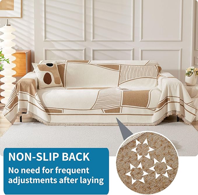 HAOMAIJIA Non Slip Couch Cover - Sofa Covers for 3 Cushion Sectional Couch - Washable Dog & Pet Furniture Protector - Living Room Blanket (Brown-Cream, 71"x134")