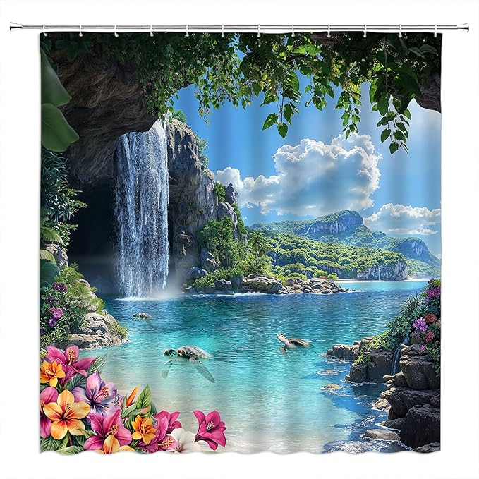 Waterfall Coastal Shower Curtain Sea Turtle Tropical Rainforest Beach Flower Leaves Mountain Jungle 47" Wx70 H Fabric Bathroom Decor Curtain with Hooks