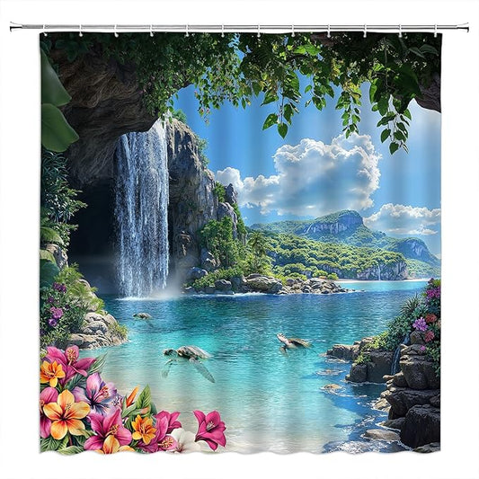 Waterfall Coastal Shower Curtain Sea Turtle Tropical Rainforest Beach Flower Leaves Mountain Jungle 47" Wx70 H Fabric Bathroom Decor Curtain with Hooks