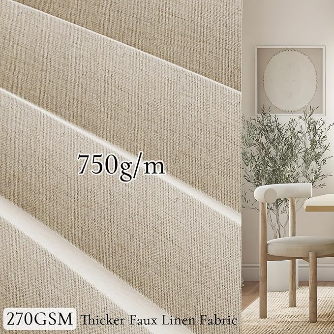 100% Blackout Pleated Curtain with Magnetic Closure, Linen Blackout Curtains 96 Inches Long for Living Room/Bedroom, 1 Panel, W45 x L96, Sand