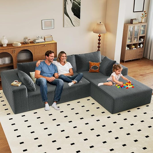 96" Modular Sectional Couch, Boneless L Shaped Cloud Sofa with Chaise Lounge, Corduroy Upholstered Couches Memory Foam Deep Seat, No Assembly Required, Ideal for Living Room(Dark Gray, Right Facing)