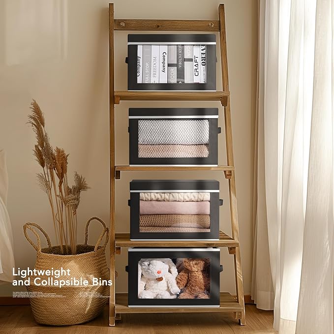 Storage Boxes with Lids - 3 Pack Fabric Clear Window Storage Bins, Collapsible Storage Bins with Lids, Linen Closet Organizer for Clothes, Towel, Blanket, Black