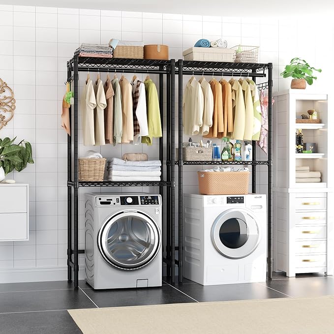 Over Washer and Dryer Shelves,2 Tier Adjustable Height Wire Shelving Laundry Room Storage Organization Clothes Drying Rack with Hanger Rod&Hooks,Space Saving Organizers Shelf,Black