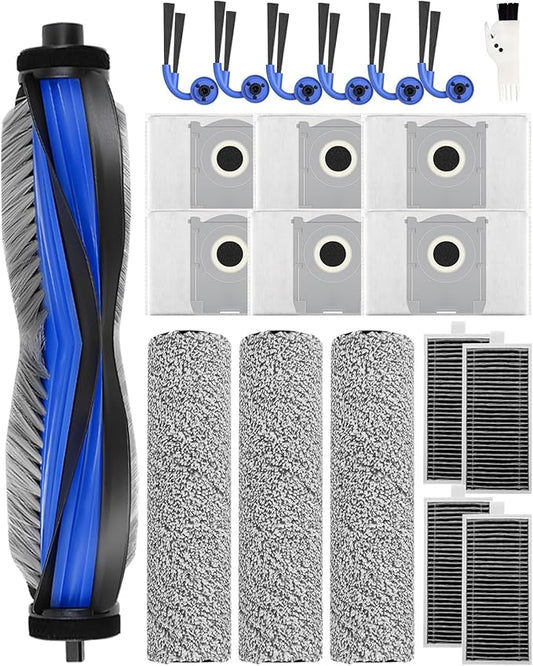 21 PCS Replacement Accessories Kit for Ecovacs Deebot X9 Pro Omni Robot Vacuum Cleaner, 1 Main Brush,6 Side Brushes,4 HEPA Filters, 6 Dust Bags, 3 Roller Mops, 1 Cleaning Brush