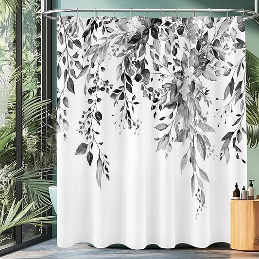 Extra Long Eucalyptus Shower Curtain 72 x 96 Inch, Black and White Botanical Floor to Ceiling X-Long Shower Curtain, Watercolor Plant Leaves with Floral Decorative Bathroom Curtain with Hooks