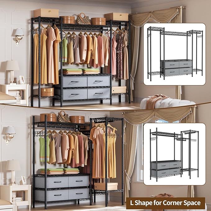 Large Garment Rack Heavy Duty Clothes Rack,Freestanding Closet Portable Clothing Rack with 8 Adjustable Wire Shelves,3 Hang Rods,4 Fabric Drawers,2 Hooks,Metal Closet Storage Wardrobe,MaxLoad 900lbs