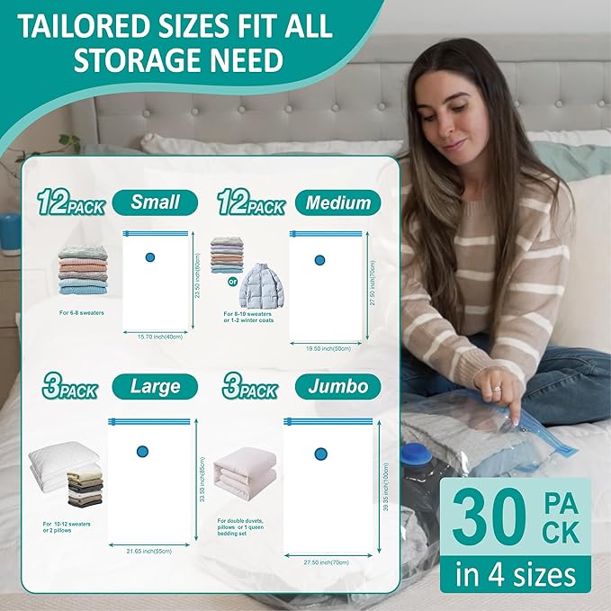 Cozy Essential 30 Pack Vacuum Storage Bags with Portable Electric Pump, Vacuum Seal Space Saver Bags for Clothing, Pillows, Blanket, Bedding, Comforter