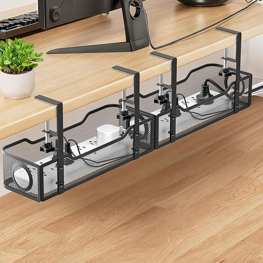 Under Desk Cable Management Tray - GZOKMOG No Drill Cord Organizer with Clamp, Workspace Organizers for Cords, Metal Mesh Wire Management for Home and Office, 2 Pack Black, 13.38 inch