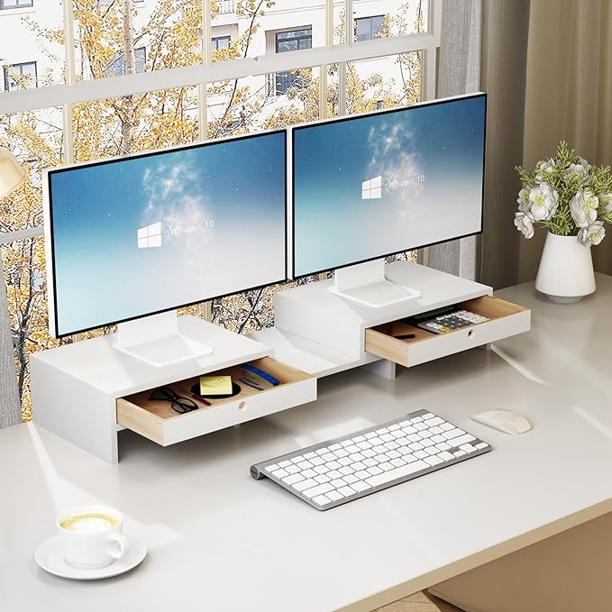 LAPTAIN Wooden Dual Monitor Stand with 2 Drawers, Monitor Stand Riser with Adjustable Length and Angle, Solid Wood Desktop Organizer Stand for Laptop/PC/Computer, No Assembly Required