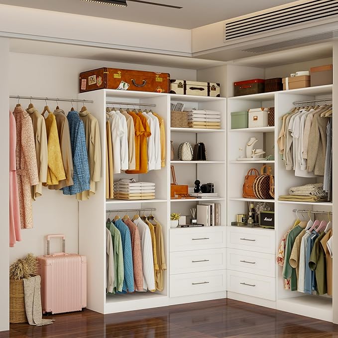 Closet System of 4 Sets with 6 Drawers & 8 Shelves & 8 Hanging Rods, 8FT-20FT Closet Organizer System, Walk in Closet, Modular Closet System White ( 8FT)