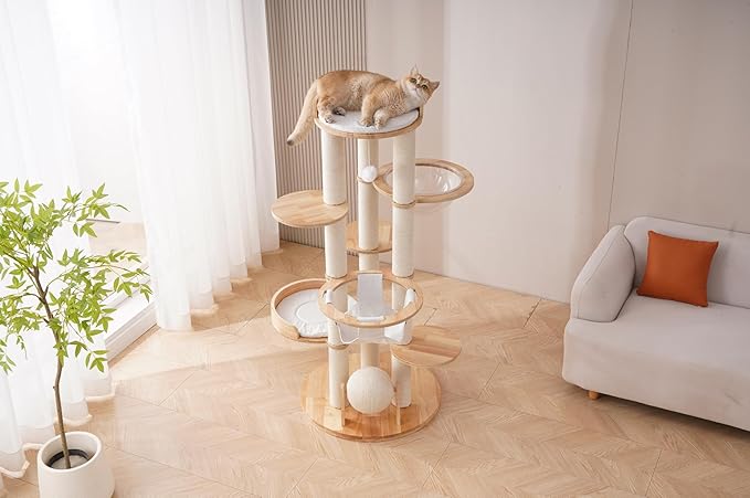 797Audio Modern Solid Wood Cat Tree Tower, 54" Tall Cat Tree with Sisal Scratching Posts, Capsule&Hammock,Natural Oak Wooden Cat Tower,Aesthetic Multi-Level Cat Climbing Tree for Large Indoor Cats