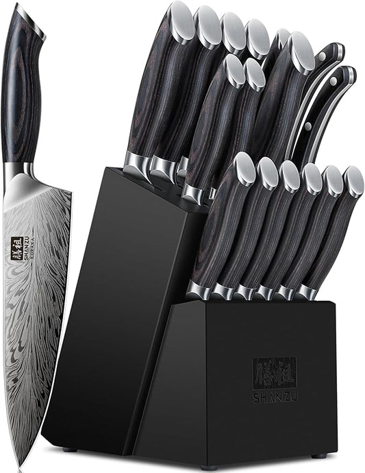 SHAN ZU 16 Pieces Knife Set, Knife Block Set in Powder Steel, Ultra Sharp Kitchen Knives Set, High Hardness Japanese Knife Set with Ergonomic Pakkawood Handle, Chef Knives Set for Kitchen Cooking