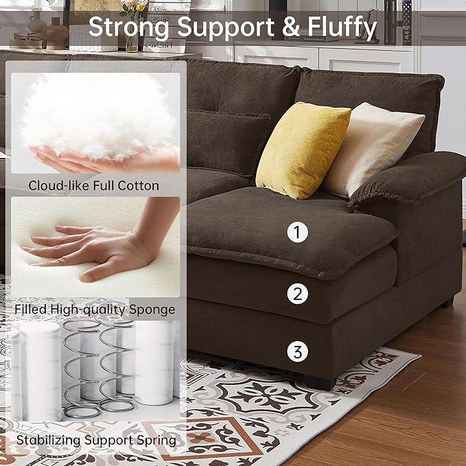 110" Convertible Sectional Sofa, U Shape Cloud Couch, Comfy Couches with Double Chaise and Sleepable Armrests, 4 Seats Sectional Couches for Living Room, Coffee