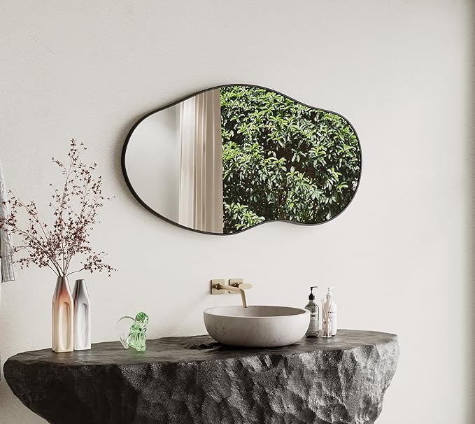 Wavy Wall Mirror -46''×26'' Irregular Wall Mirror Decorative Alloy Framed Mirrors Abstract Artistic Mirrors Wavy Mirror for Cloakroom/Bedroom/Living Room/Entryway（Black）