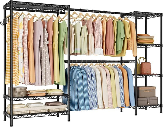 Expandable Heavy Duty Garment Rack Clothes Rack,Large Metal Closet Organizer System Storage Wardrobe,Freestanding Clothing Rack with 9 Adjustable Wire Shelves&3 Hang Rods,MaxLoad 1500lbs