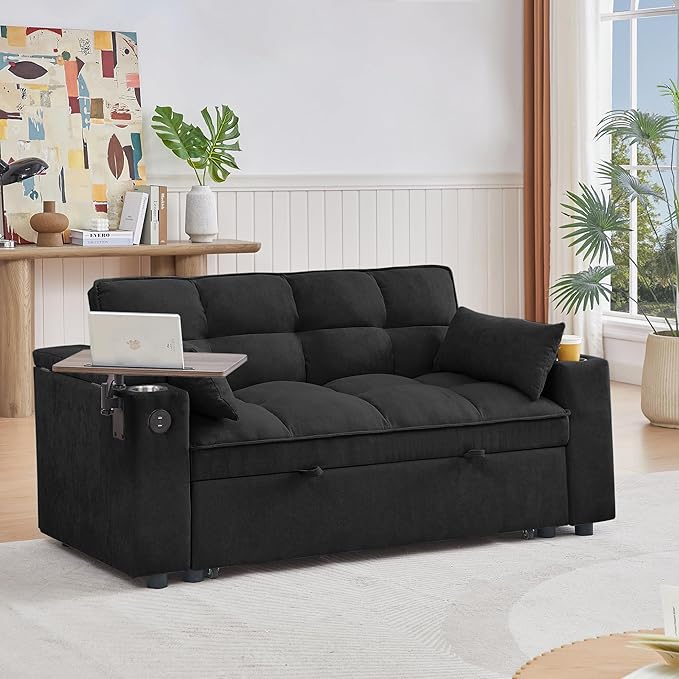 65'' Convertible Sleeper Sofa Bed with Adjustable Backrest, Chaise Lounge, Side Table & USB/Type-C Ports – Stylish & Functional Addition to Any Living Room (Black)