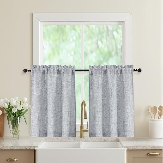 Grey Kitchen Curtains 30 Inch Length 2 Panels, Light Filtering Farmhouse Linen Textured Small Short Curtains Over Sink, Half Curtain Tiers for Cabinet Bathroom Cafe Basement, 30Wx30L Inch