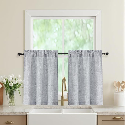 Grey Kitchen Curtains 30 Inch Length 2 Panels, Light Filtering Farmhouse Linen Textured Small Short Curtains Over Sink, Half Curtain Tiers for Cabinet Bathroom Cafe Basement, 30Wx30L Inch