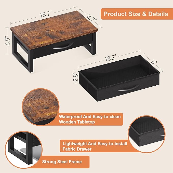 Computer Monitor Stand Riser with Drawer, 2-Tier Desk Accessories & Workspace Organizers, Laptop Stand for Desk with Storage, Office Organization, Wood
