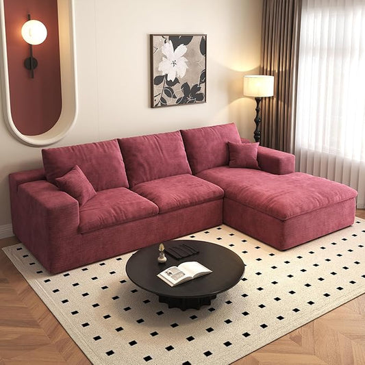 107'' L-Shaped Modern Modular Sectional Cloud Couch, 4-Seat Chenille Deep-Seat Sofa with Pillow for Living Room, Bedroom, Apartment, Wine Red