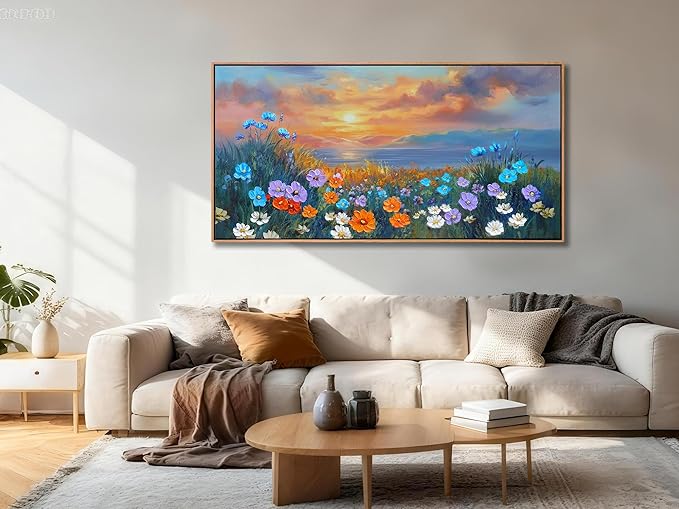 Ardemy Wildflower Wall Art for Living Room Large Framed Floral Canvas Pictures Bedroom Wall Decor Sunset Paintings Flower Textured Artwork for Walls Dining Room Home Office 58"x29"