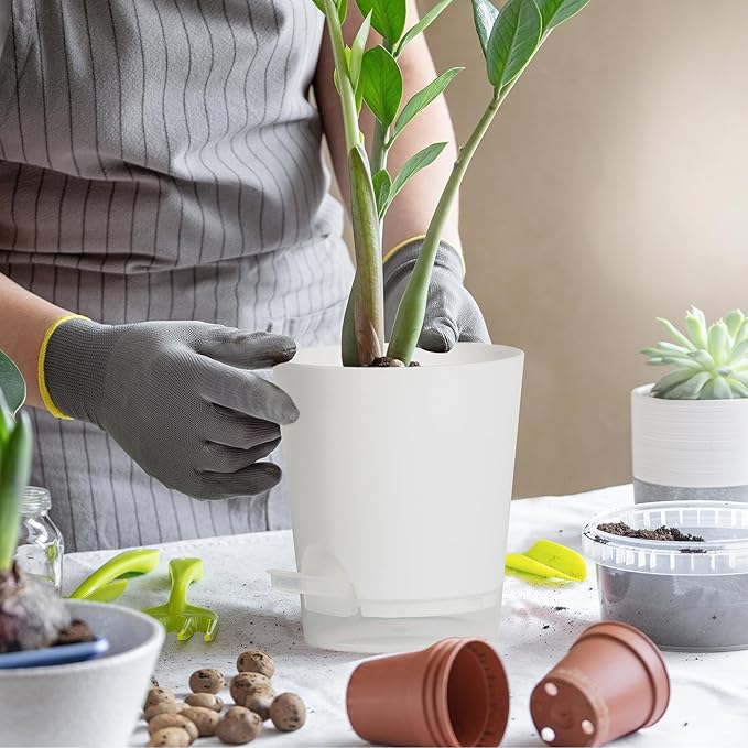 4 Inch 10 Pack Small Self Watering Pots for Indoor Plants, Nursery Pot with Drainage Holes and Saucers, Plastic Small Flower Planter for Succulent, Aloe, Cacti and More (White)