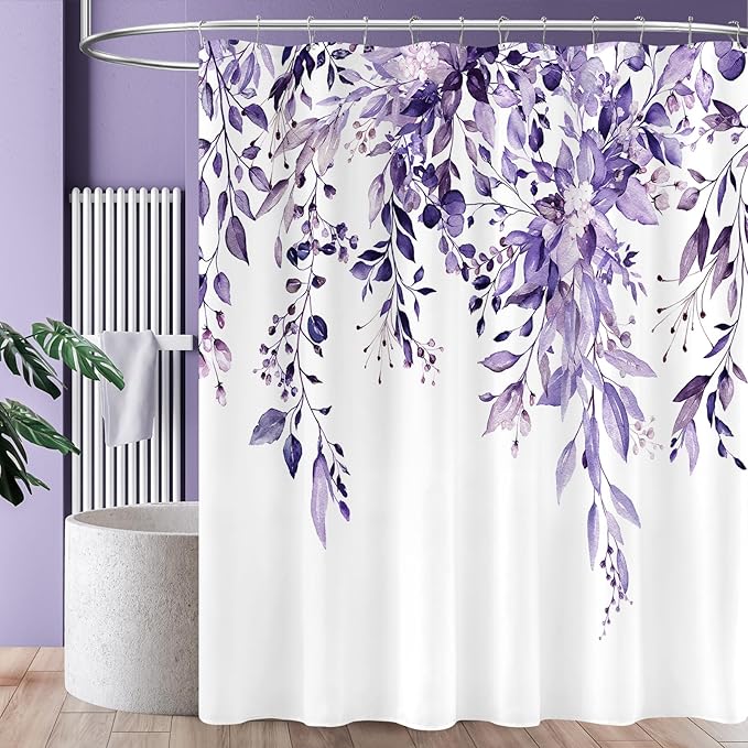 Extra Long Eucalyptus Shower Curtain 72 x 96 Inch, Purple Botanical Floor to Ceiling X-Long Shower Curtain, Watercolor Plant Leaves with Floral Decorative Bathroom Curtain with Hooks