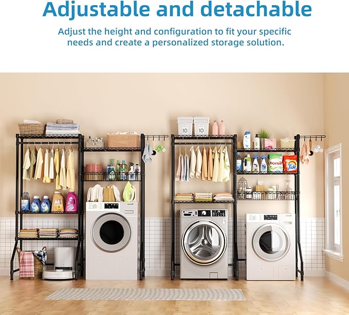 Over Washer and Dryer Shelves,Heavy Duty Laundry Room Storage Organization Clothes Drying Rack,5 Tier Adjustable Height Wire Shelving and Wire Basket with Hanger Rod&Hook,Space Saving Shelf