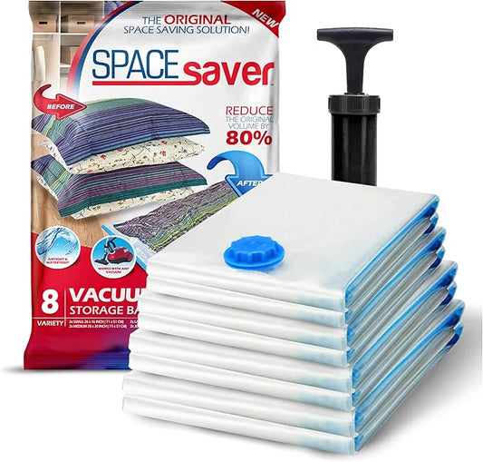 Spacesaver Vacuum Storage Bags with Hand Pump - Vacuum Seal Bags for Clothing, Comforters, Blankets - Reusable Compression Bags for Travel, Moving, Organization - 2S, 2M, 2L, 2XL Sizes - Pack of 8