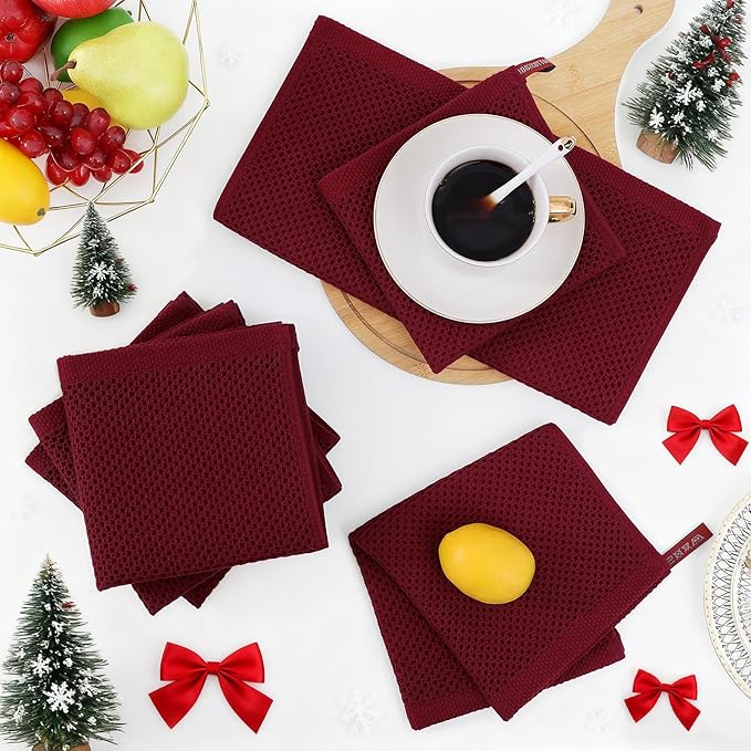 Homaxy 100% Cotton Waffle Weave Kitchen Dish Cloths, Ultra Soft Absorbent Quick Drying Dish Towels, 12 x 12 Inches, 6-Pack, Burgundy