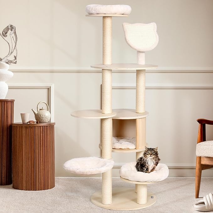 KAMABOKO 64" Tall Cat Tree - Wooden Cat Trees Tower with Cat Condo, Hammock & Top Perch, Modern Tall Cat Tree w/Natural Sisal Posts for Climb Scratch Play Rest