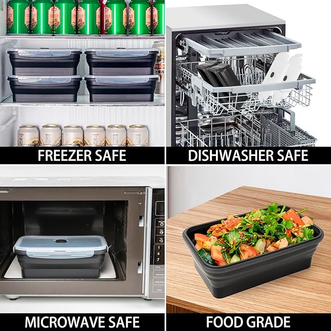 Collapsible Food Storage Containers with Lids, 4 Pack, 40 oz Silicone 1-Compartment Meal Prep Containers Reusable, Lunch Bento Boxes for Adults, Microwave Freezer Dishwasher Safe, BPA-Free, Black